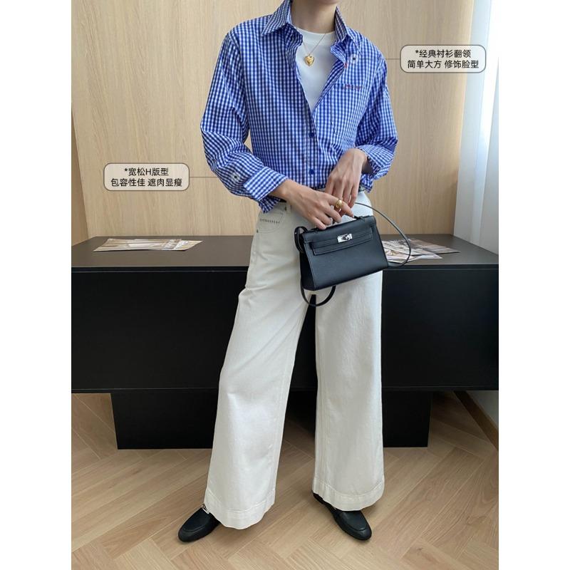 Sinan, Early Autumn New, Intellectual Blue Plaid Embroidered Temperament Casual Shirt Stacked
