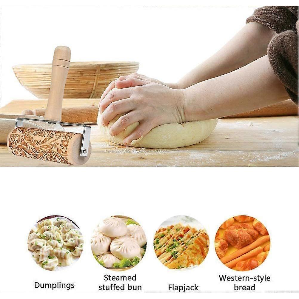 Wood Embossed Rolling Pins 3D Engraved Rolling Pin, Push Style Metal Bearing