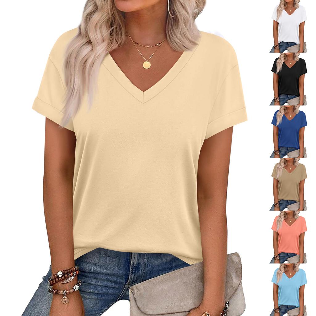 Women's Casual V Neck Short Sleeve Top Relaxed Fit Lightweight Soft Fabric Comfortable Daily Wear Summer Spring Blouse