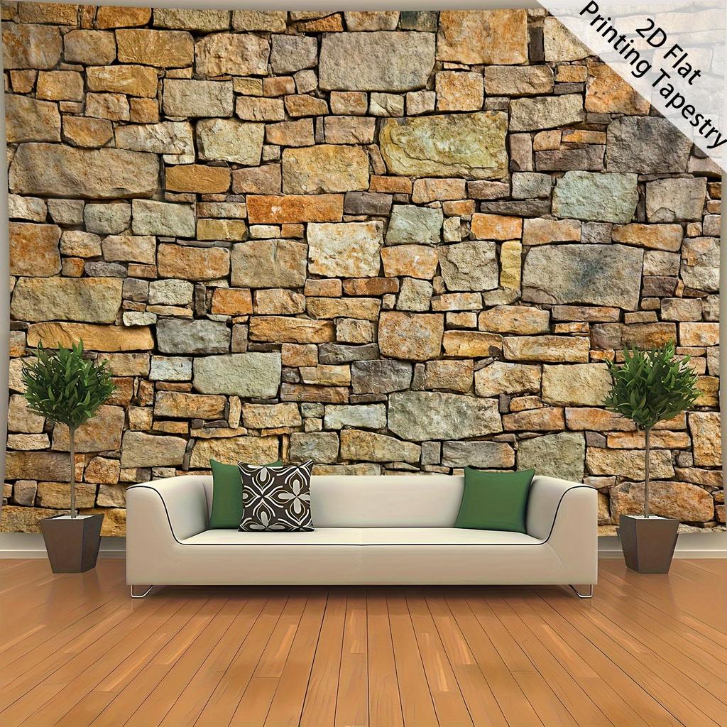 Faux Stone Wall Tapestry, Rustic Rock Texture Background, Vintage Brick Pattern Wall Hanging For Living Room Bedroom Decor