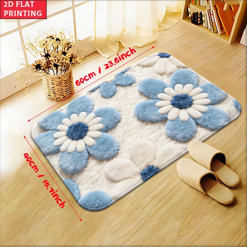 1pc 2D Flat Blue Floral Bathroom Entryway Area Rug, Non‑Slip Decor Floor Mat for Bathroom Indoor Use