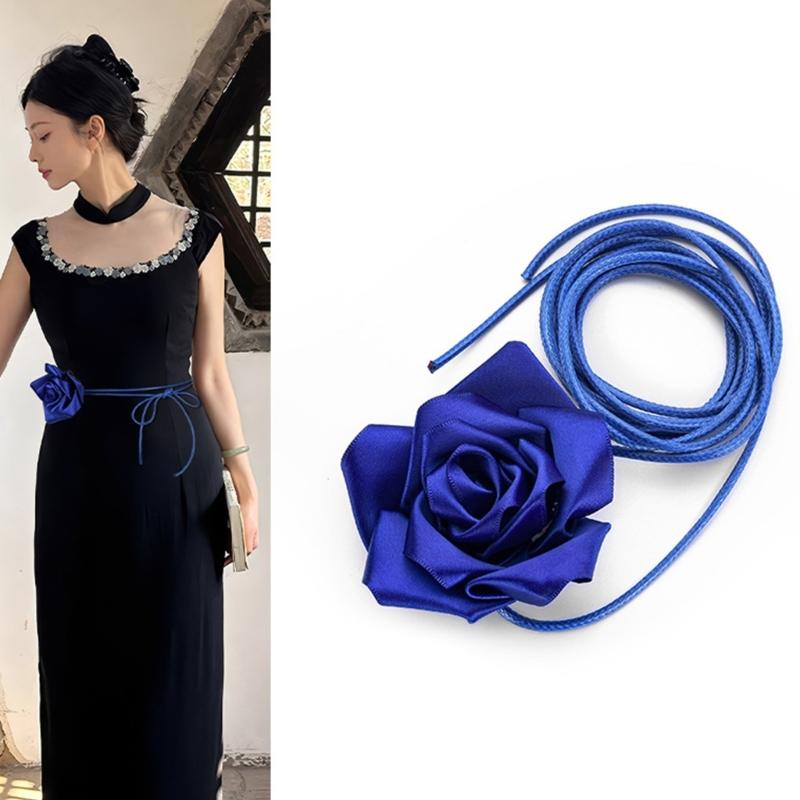 Ribbon Rose Flower Belt Adjustable Waistband Choker Necklace Waist Jewelry for Women Wedding Party Formal Event