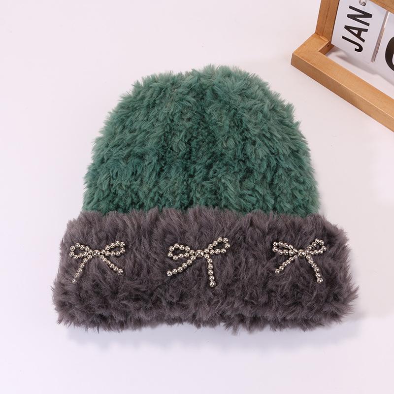 Autumn and Winter Warm Plush Hat for Women with Bow Knitted Hat Outdoor Cold Color Proof Pullover Hat Ear Protection Korean Cold Hat