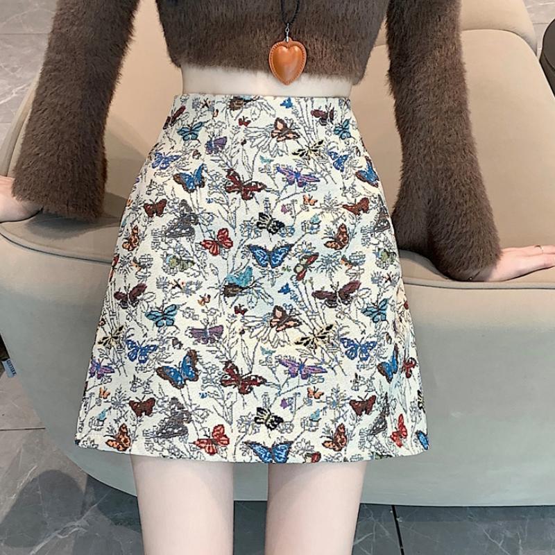 Women Stylish Vintage Butterfly Embroidery Jacquard A-line Skirt Streetwear Y2K Harajuku High Waist Sweet Chic Slim Mini Skirts