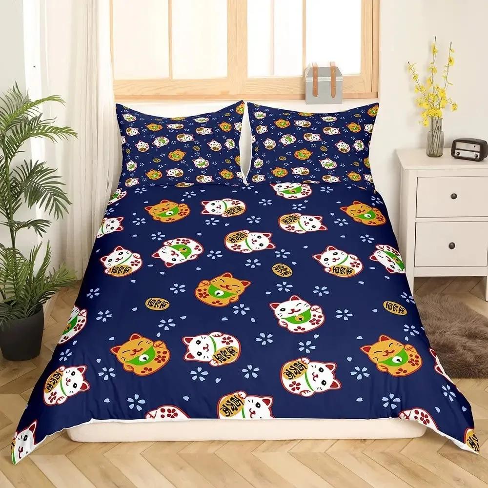 Maneki Duvet Cover Set,Japanese Lucky Cat Duvet Cover Neko Gold Coin Japanese Style Cute Bedding Set Cat Comforter Cover