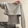 Herbst Schulterfrei Langarm Gestreiftes Sweatshirt Damen Design Passende Weste
