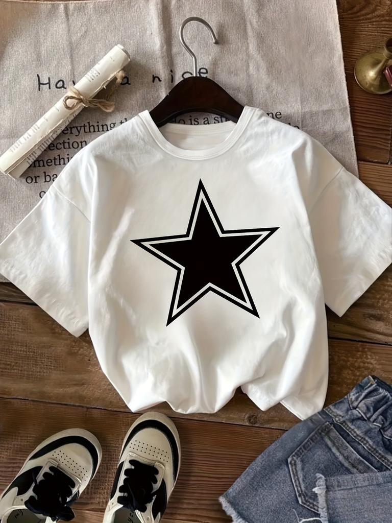 2026 Bambini Cotone Puro Girocollo Manica Corta Maglietta T-shirt Stampata con Motivo a Stelle T-shirt Estiva Trendy Bambine Abbigliamento Bambine