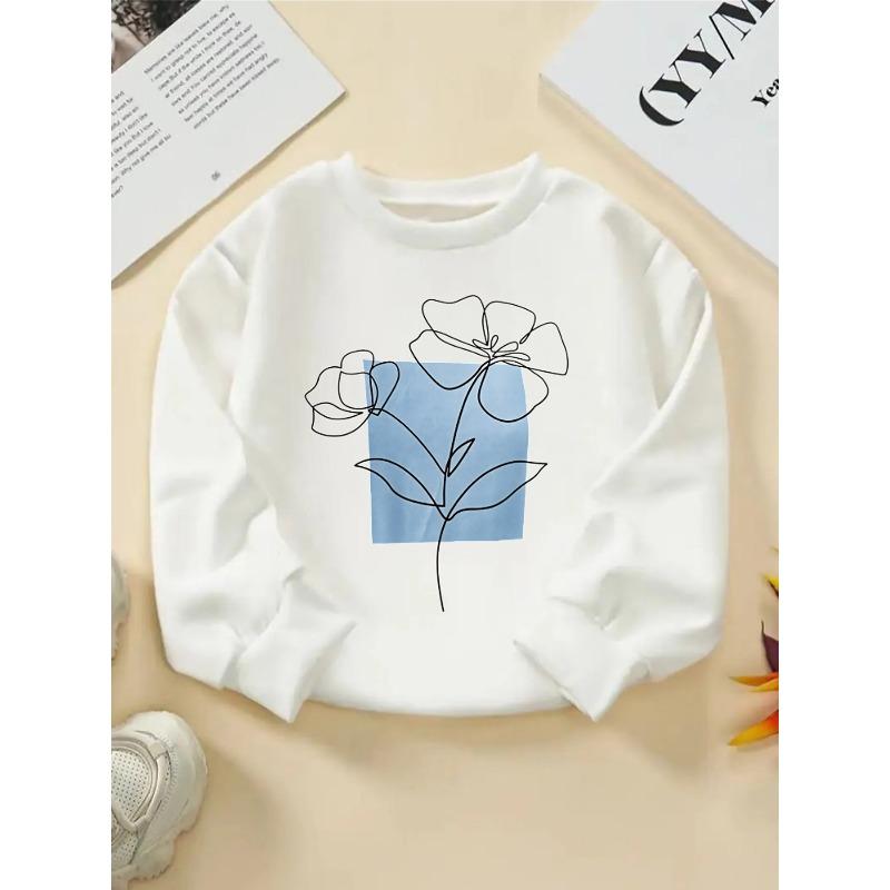 Girls' Crewneck Sweatshirt - Simple Line Flower Design with Blue Machine Washable, Spring And Autumn