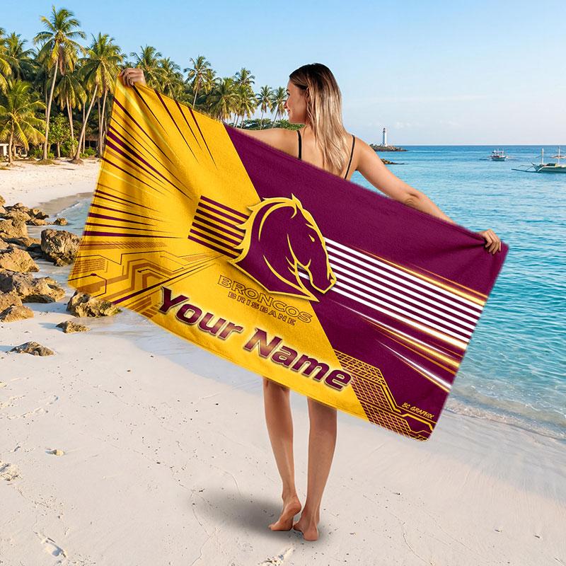 Brisbane Broncos Customized Name Text Beach Towel, Soft Absorbent Towel Beach Pool Travel Personal Gift