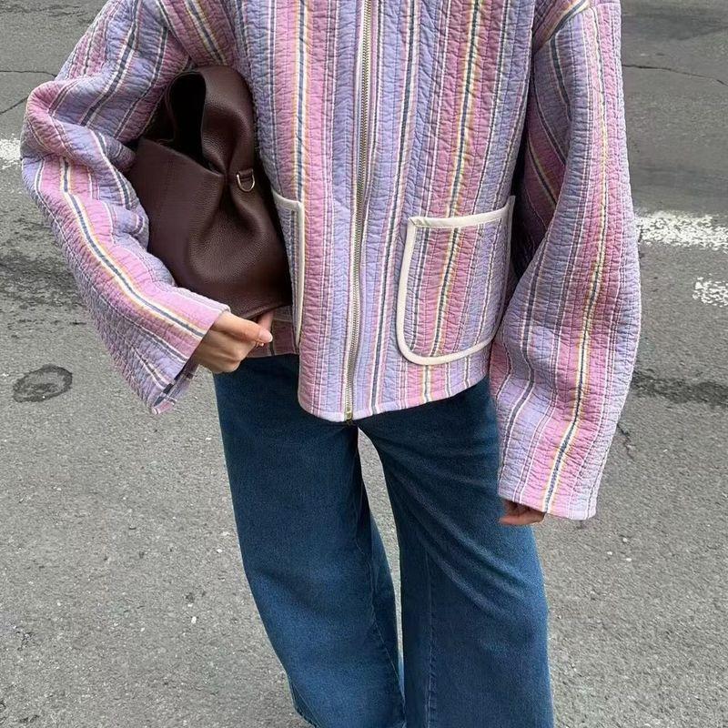 Counter Same Zbzr Autumn New Women Clothes Western Style Fashion Design Basic Stripe Cotton-Padded Coat Outerwear