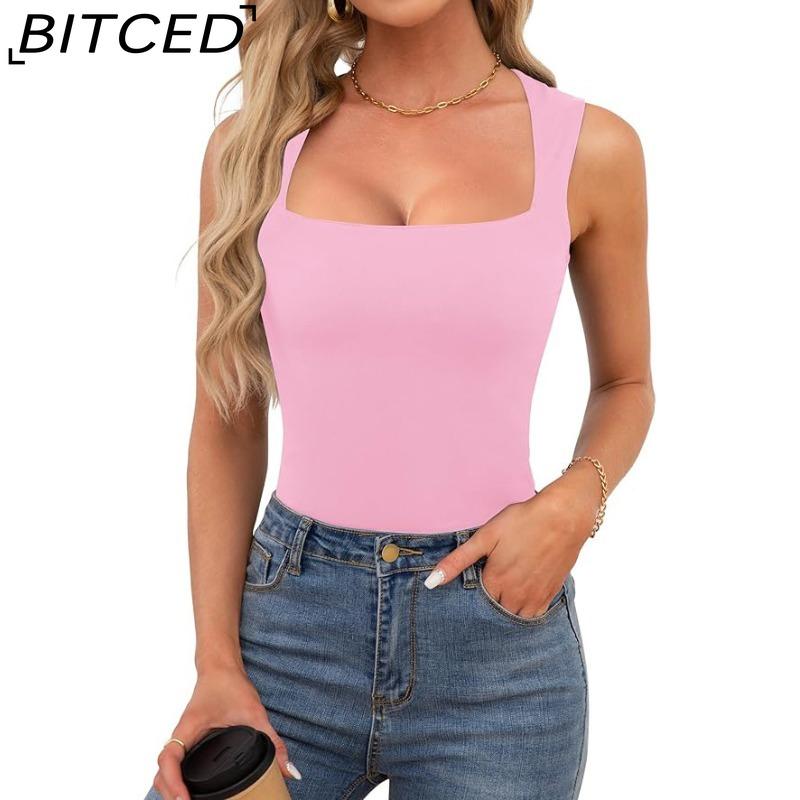 BITCED Women's Summer Square Neck Sleeveless Double-Layer Tank Top Basic Fitted T-Shirt