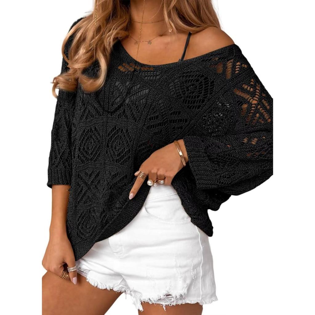 Women's Loose Knit Sweater Lightweight Crochet Pullover Long Sleeve Casual Top with Openwork Pattern and Batwing Sleeves for Daily Wear