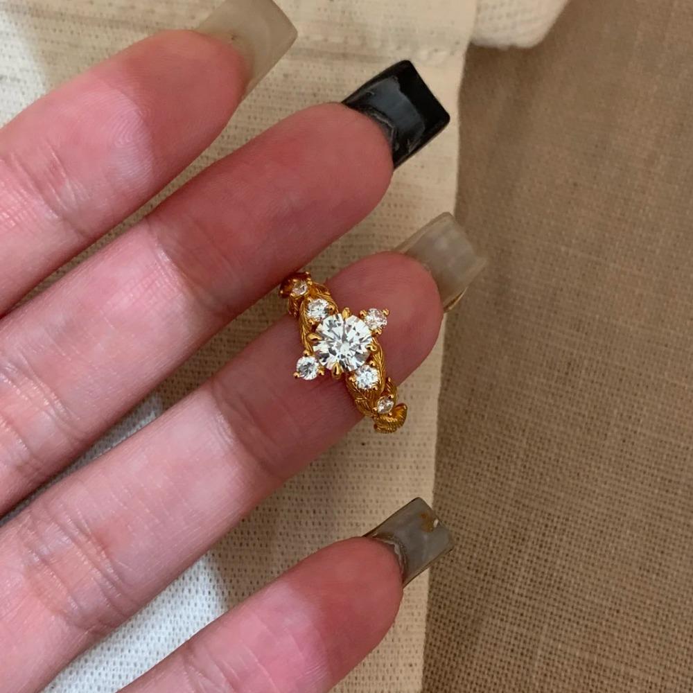 Vintage Laurel Moissanite Open Ring Elegant Gold Leaf Design Women Luxury Fashion Jewelry