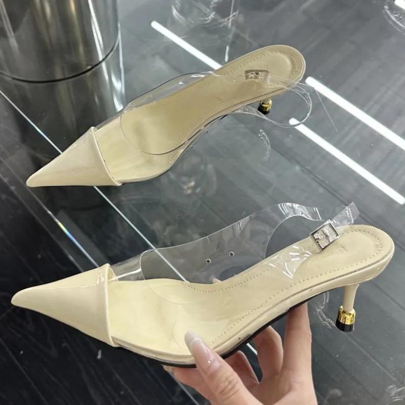 Fashion Pointed Toe Thin Heel Non-slip Women Sandals 2025 Summer Transparent PVC Mueller Shoes Fashions Elegant Buckle Strap High Heels