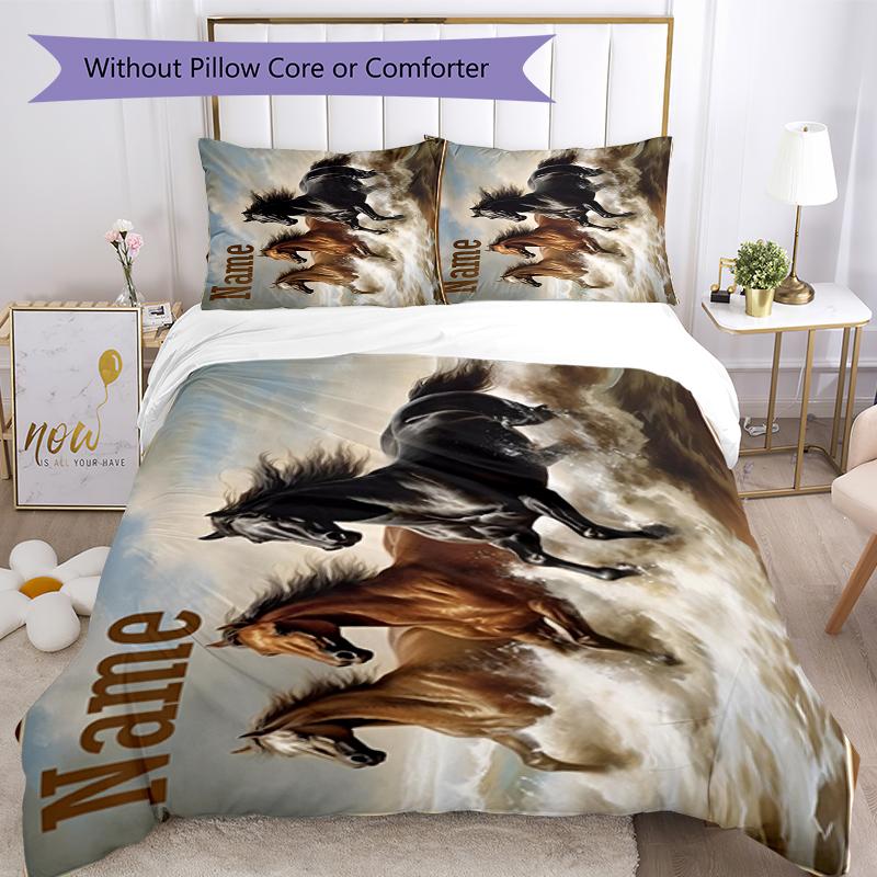 3pcs Custom Name Horse Bedding Set Duvet Cover Closure Includes 1 Duvet Cover & 2 Pillowcases, Soft and Comfortable for All Seasons.