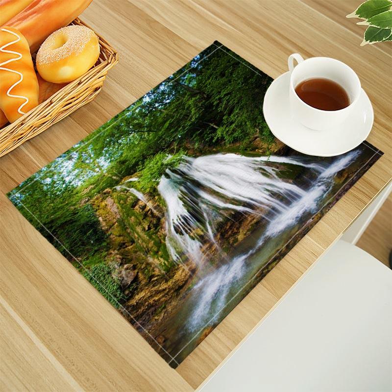Natural Waterfall Print Linen Dining Table Mats Alphabet Kitchen Placemat 30X45cm Coasters Pads Bowl Cup Mat