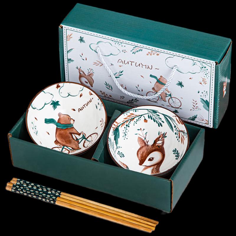 Bear & Deer Ceramic Bowl & Chopstick Gift Set