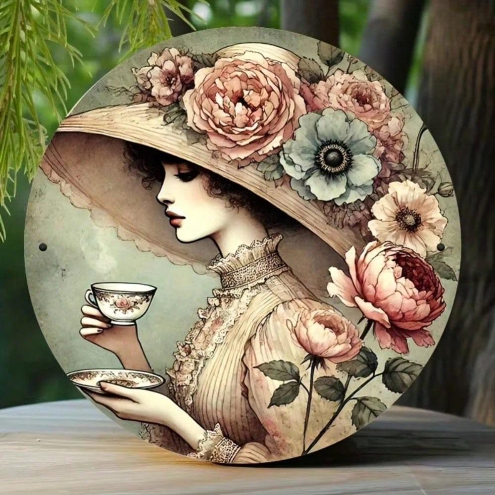 Victorian Floral Metal Lady Wall Art Plaque, Easy to Hang Rustic 2D Flat Decor for Living Room Bedroom Home Garden Outdoor