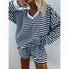 VEZFAA Women's Fashion Casual Spring Fall Stripe Print Long Sleeve V-Neck Trousers Pants Suits