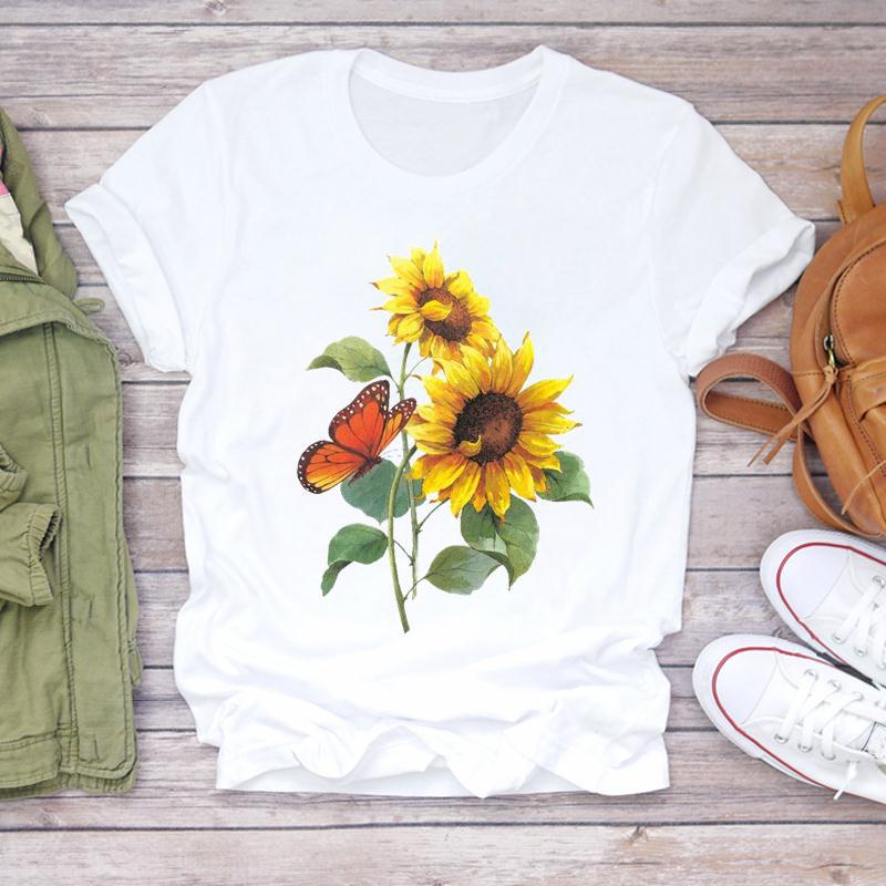 Summer Round Neck Floral Print Top Fashionable Casual Short Sleeved Women's Pure Cotton T-shirts