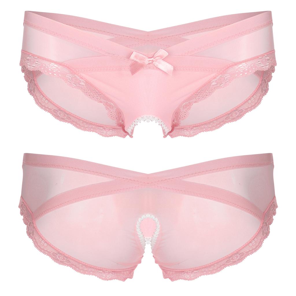 Pánské průsvitné bezrozkrokové kalhotky ze síťoviny s krajkovým lemem kalhotky Cross-dresser Sissy spodní prádlo