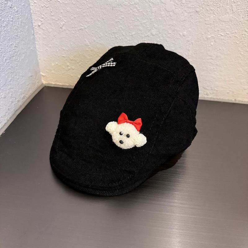 Cute Teddy Bear Flat Cap, Corduroy Newsboy Hat with 3D Bear Bow Decor, Casual Beret for Women & Girls
