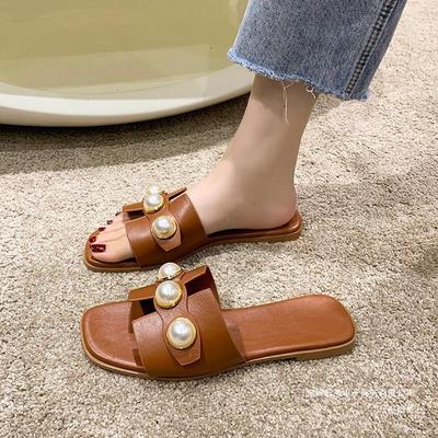 Large Size Pearl Hollow One Word Slippers Female External Wear Casual Lightweight Low Heel Square Head Sandal Slippers