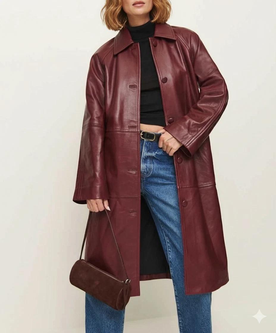 

Повседневное Ручной работы Стильное Натуральная Овчина Бордовое Женское Пальто Тренч Кожа 3XL бордовый