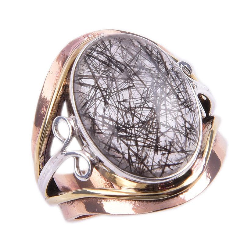Natural Black Rutile Gemstone 925 Sterling Silver Two Tone Ring Size 5.5 A6d56