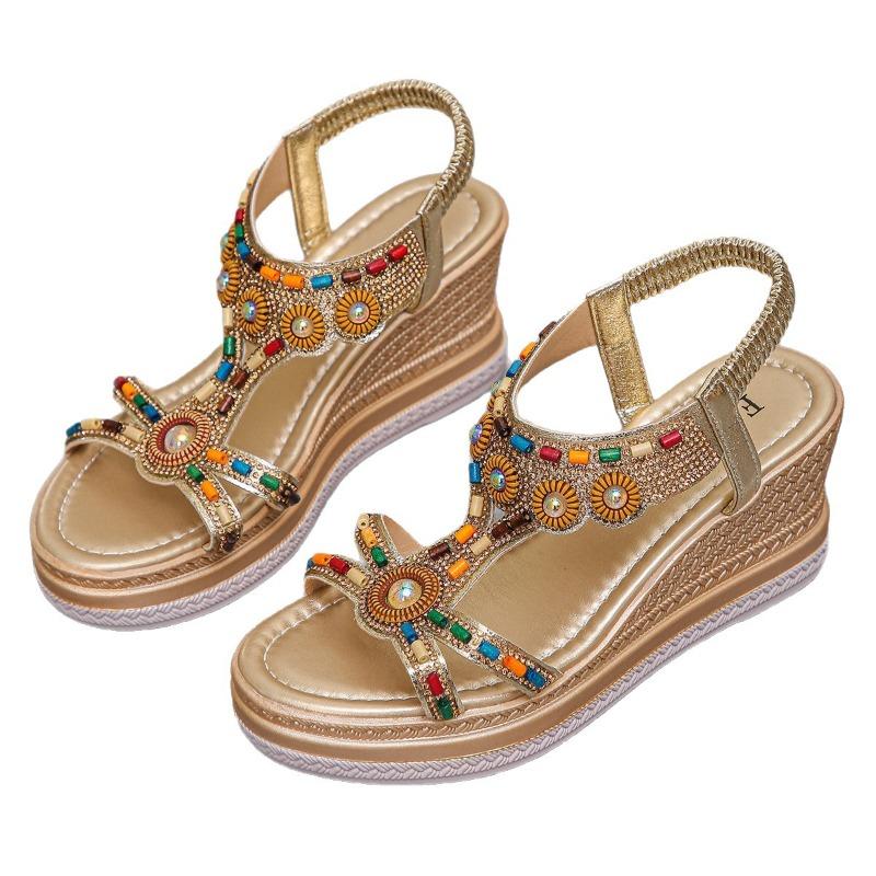 Women's Wide Width Bohemian Sandals, Round Toe Wedge Heel Flats, Ethnic Style Casual Shoes for Women
