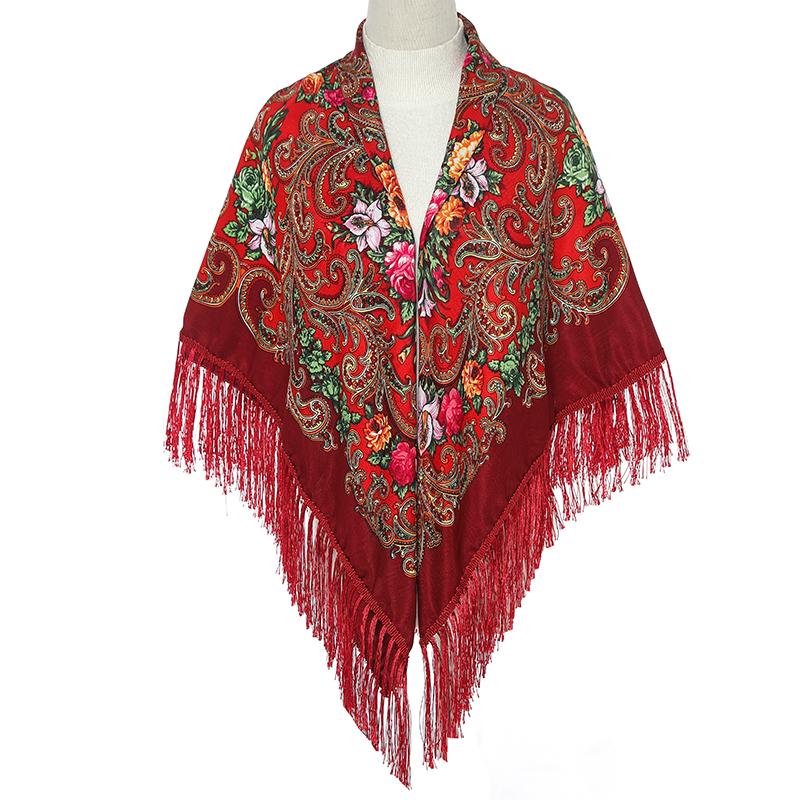 51*51In Square Women Scarf Shawl Ukrainian Embroidery Retro Fringed Cotton Print Scarves Hijab Wraps Russian Cape Bandana