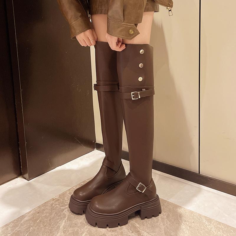 

Армейские ботинки на молнии с пряжкой на каблуке и пряжкой в винтажном стиле, повседневные, роскошные, дизайнерские, в стиле вестерн, высокие сапоги выше колена, туфли на платформе для женщин 39 коричневый