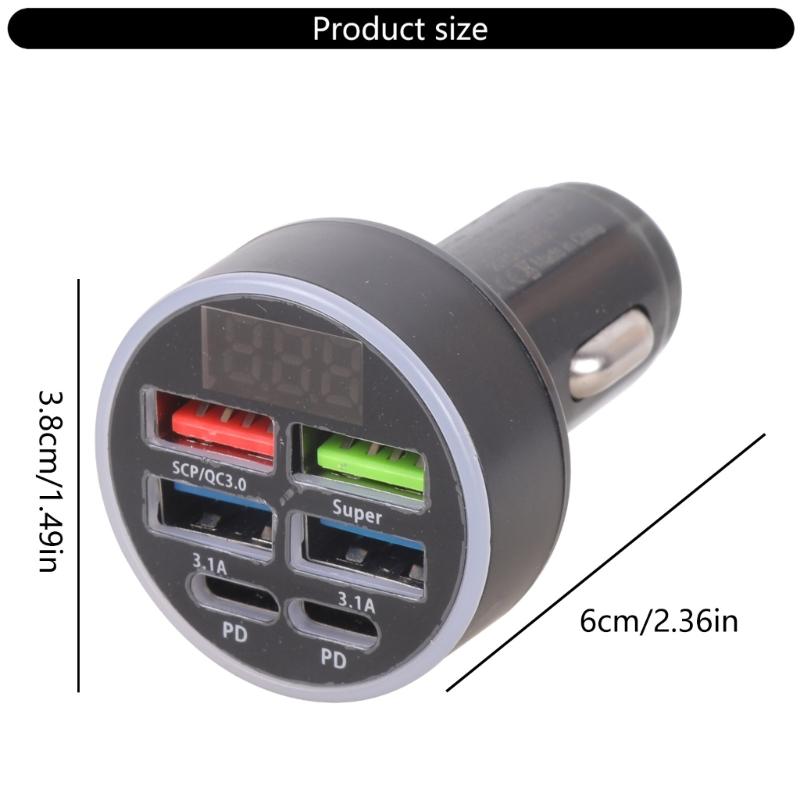 Practical Metal Plastic Car Charging Adapter with 4 USB Ports Real Time Current Voltage Screen Display for Car Use