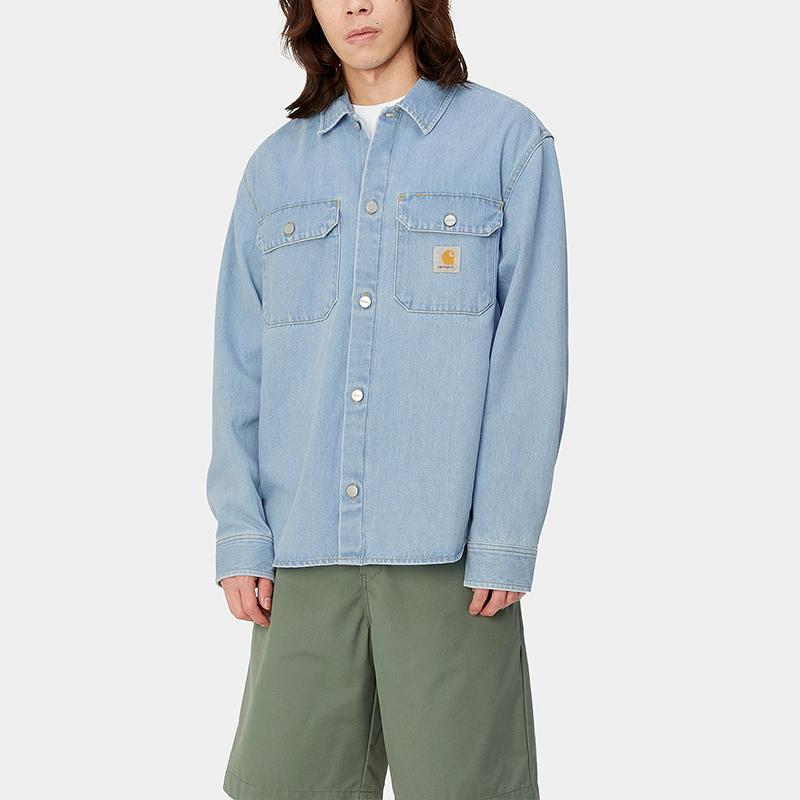 Carhartt WIP Harvey Shirt Jac Washed Button Closure Square Label Denim Jacket Men jackets Light-Blue I033346-01-12