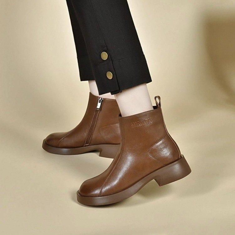 Soft leather flat heel round head platform short boots women's autumn and winter new thick heel soft sole single boots versatile Martin boots velvet