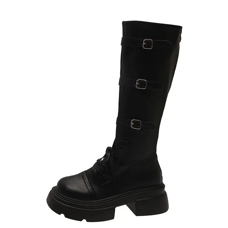Fashion Fairy Wind Thick Heel Belt Buckle Thin Boots Female 2025 Autumn New Thick-soled Maillard Knee Boots