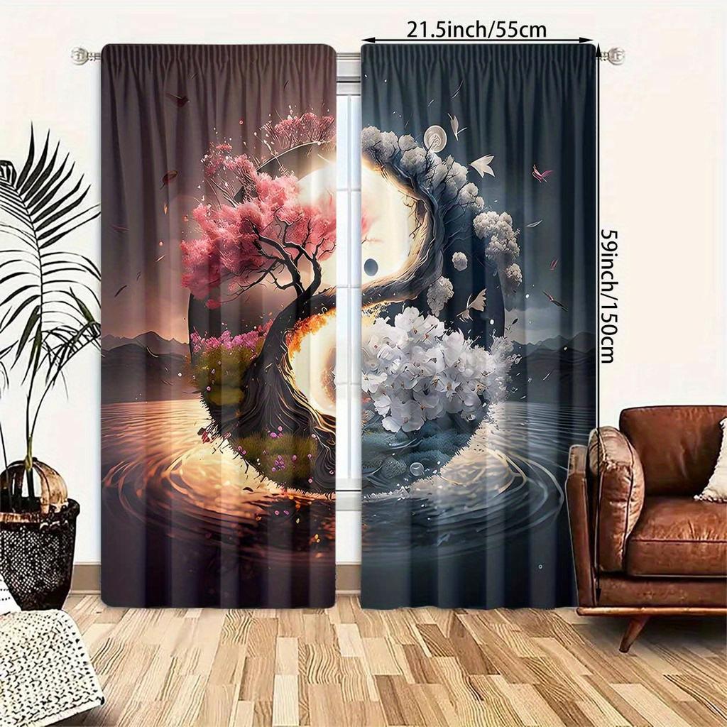 2pcs, Polyester Material, High-definition Digital Printing Two-color Splicing Landscape Pattern Print, Light Filtering Curtain,