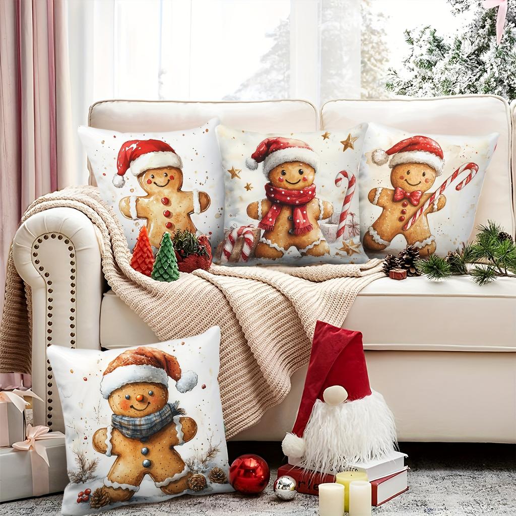Christmas Gingerbread Man Cartoon Pillow Set - Decor for Office Porch Yard Sofa Living Room Outdoor (Not Including Filling)