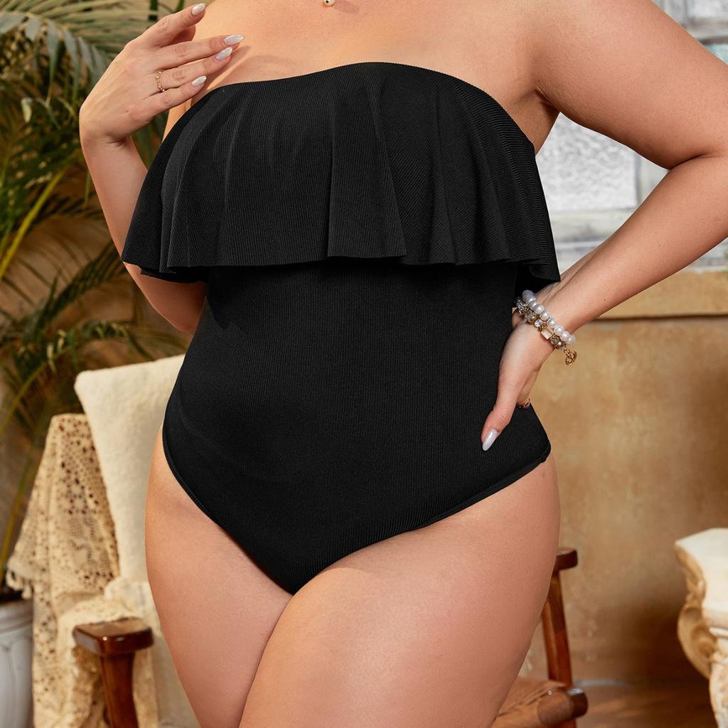 Large size tube top one-piece swimsuit, lotus leaf edge pit strip to cover the belly and look thin and fat MM hot spring vacation one-piece swimsuit