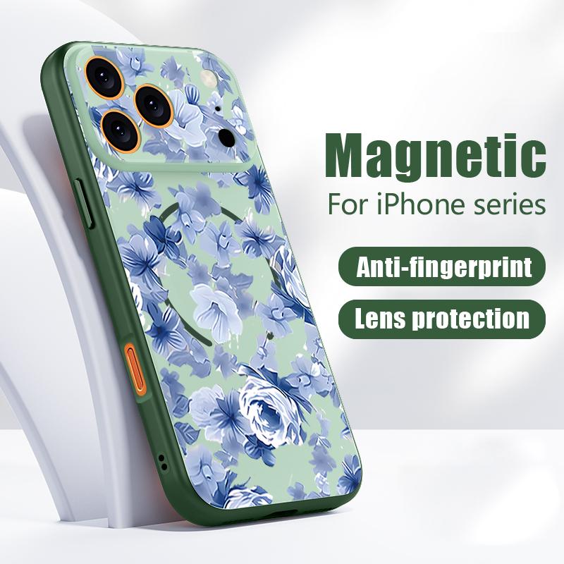 Magnetisch Für Magsafe Hülle Für iPhone 17 Pro Max Blau Rose Blumen Muster Hautgefühl Abdeckung Für iPhone 16 15 14 13 Pro Max