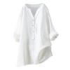 Plus Size Women Solid Color V Neck Long Sleeve Shirt Loose Linen Blouse Top