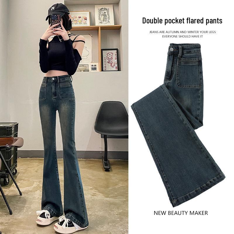 Autumn 2024 Cement Gray Plus Size High-Waisted Flared Jeans for Women M