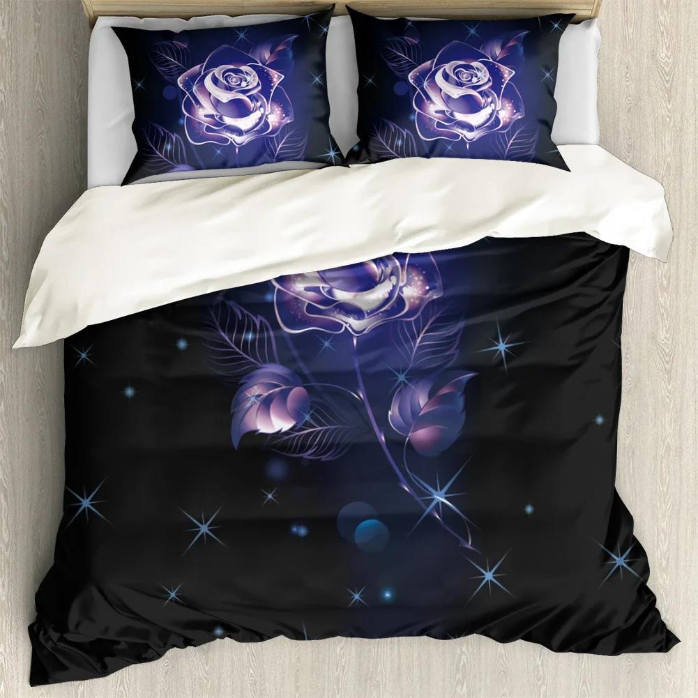 Purple Rose King Queen Duvet Cover Beautiful Butterflies Flowers Bedding Set For Teen Adults Floral 2/3Pcs Polyester Quilt Cover