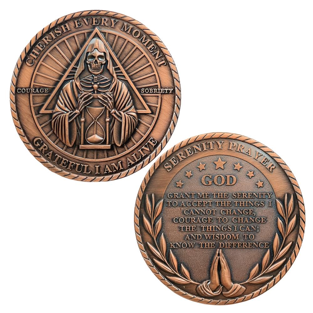 Gothic Skeleton Copper Coin Praying To God-GRATEFUL I AM ALIVE Commemorative Coin COURAGE SOBRIETY Token Medal in capsule