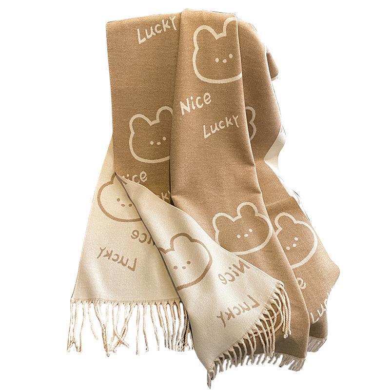 Korea Bear Head Scarf Cute Printed Tassel Fashionable Western B Style Retro Autumn and Winter Warm Shawl