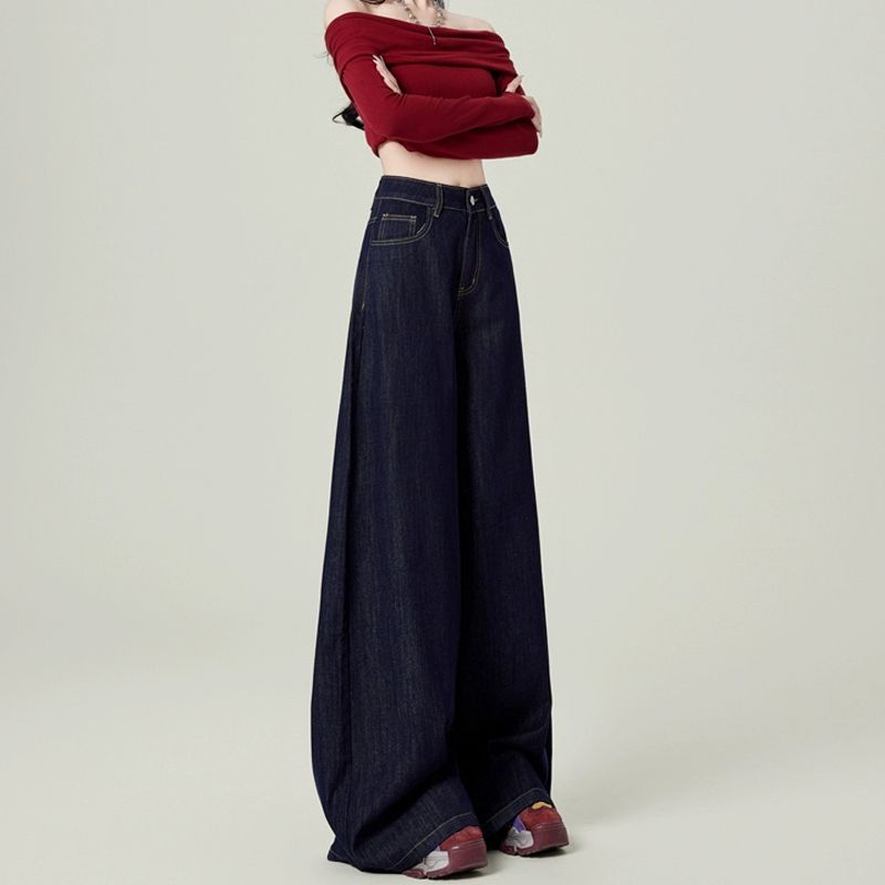 American Dark Blue Wide-leg Jeans Women's Spring and Autumn 2025 New High-waisted Loose Drape Pants Early Spring
