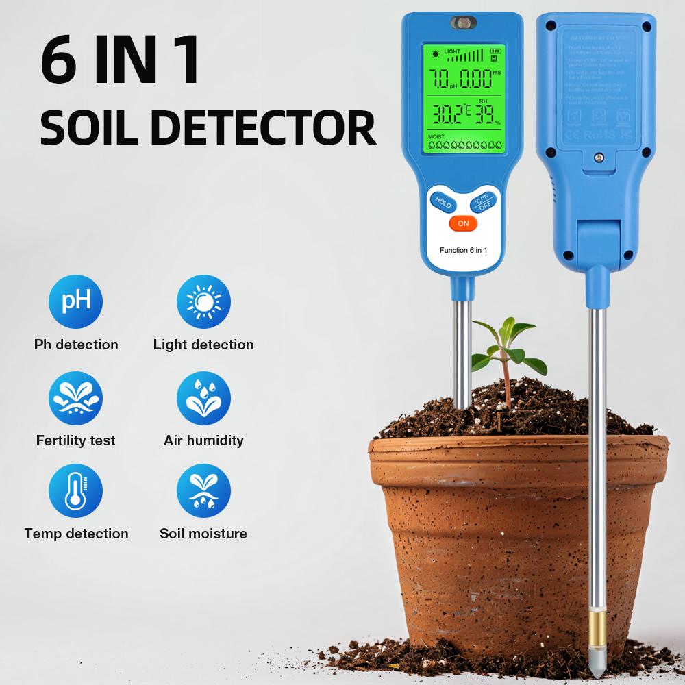 Handheld Soil Tester 6 In 1 Fertility pH Temp Moisture Light Humidity Meter LCD Soil PH Detector Plant Garden Soil Analyser