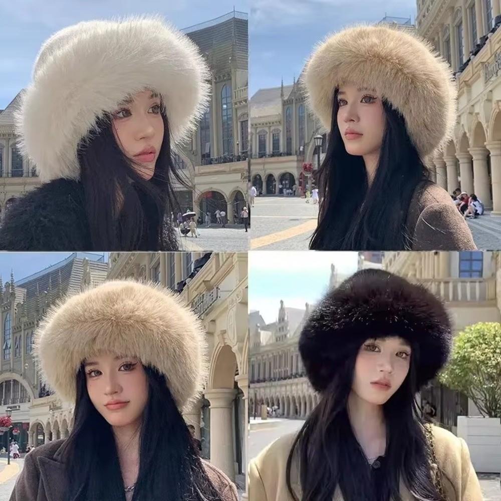 New Fluffy Fur Winter Hat Solid Color Thicken Bucket Hat Cold Windproof Fisherman Hat for Women Girls