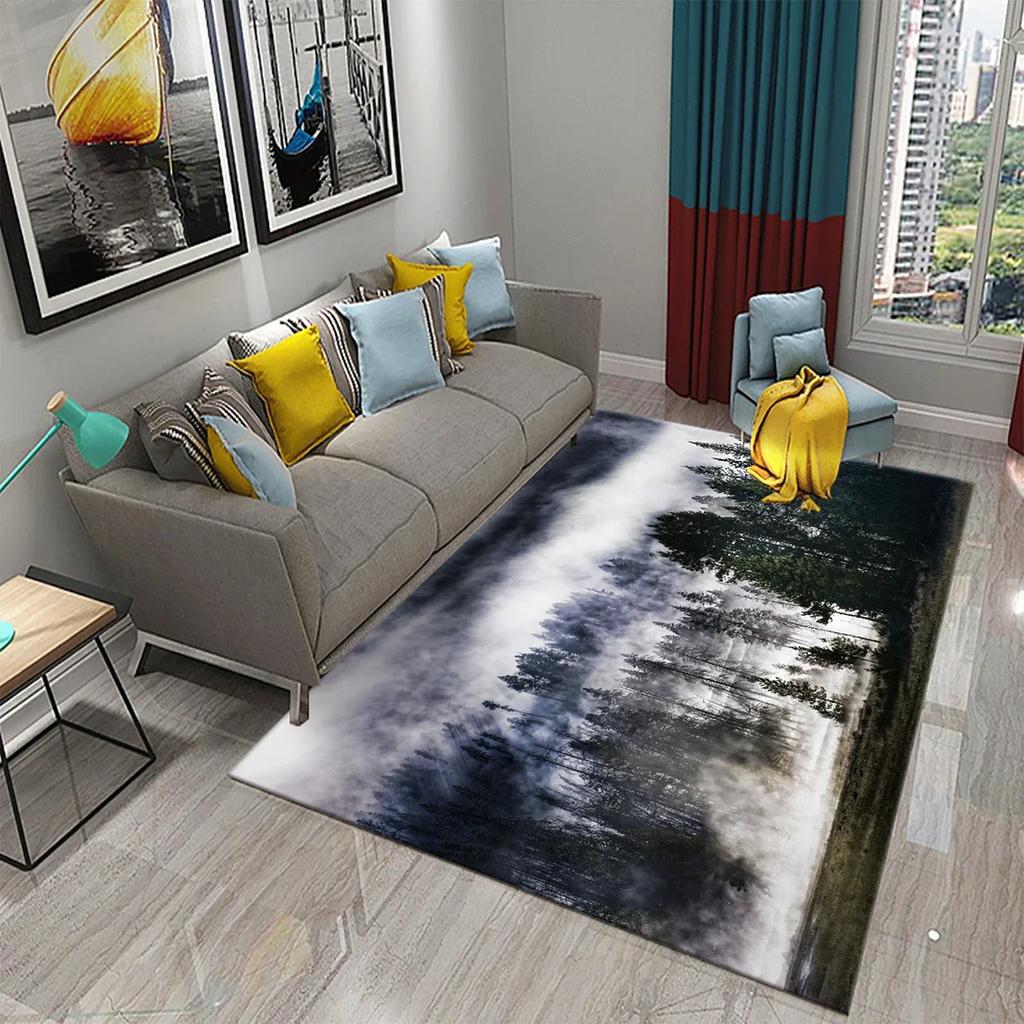 Smoky Forest Carpet Green Trees Mountain Rug Natural Scenery Rectangle Area Rugs Yoga Mats Bedroom Living Room Decor Door Mat