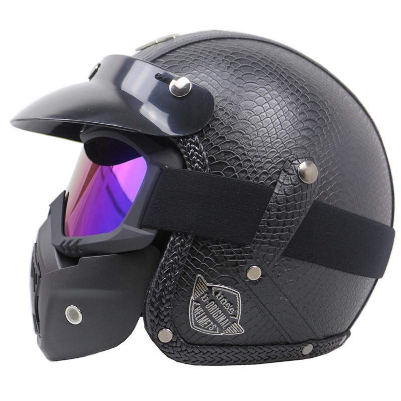 Retro Leather Motorcycle Half Helmet with Visor